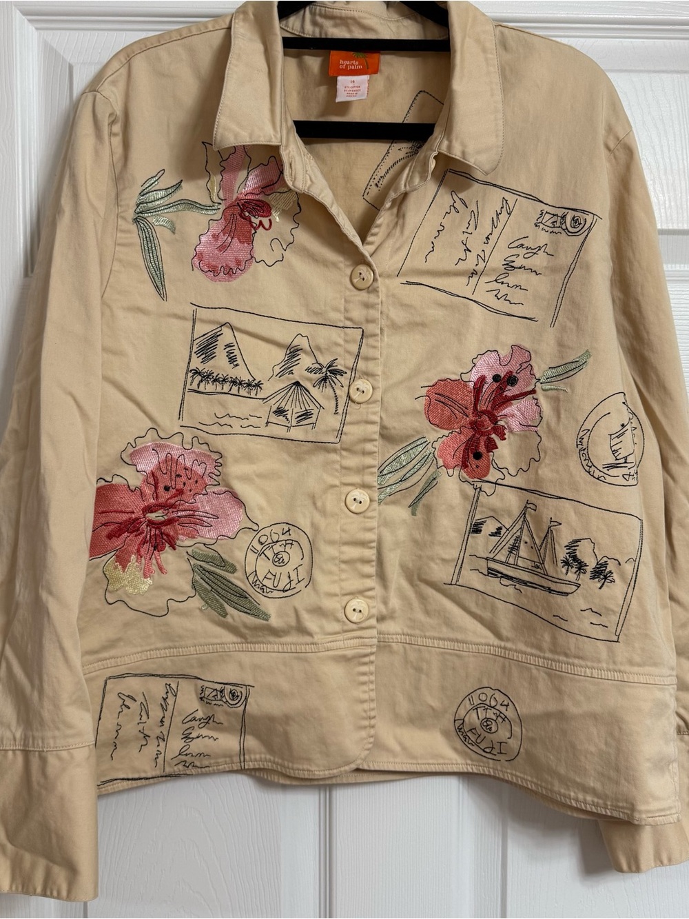 hearts of palm Beige Embroidered Postcard Jacket
